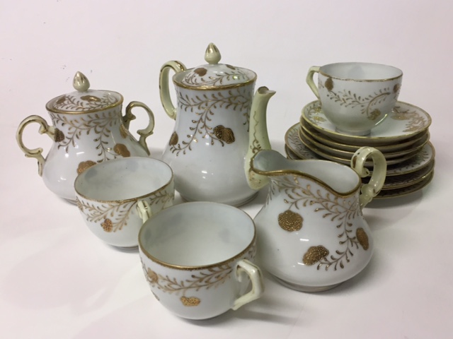 TEA SET, Gold & Cream Japanese Hand Painted Set w Cups and Saucers